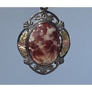 Red Moss Agate Pendant Silver Tone Artisan Flower Leaf Open Work